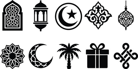 Fototapeta premium Arabesque pattern and mosque window silhouettes with palm tree and crescent moon icons set.