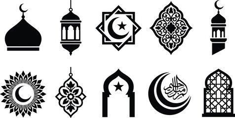 Naklejka premium Religious architecture and calligraphic moon symbols for islamic festival greeting designs.
