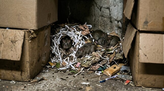 Group of rats foraging and nesting among shredded paper and discarded packaging in dirty storage alcove