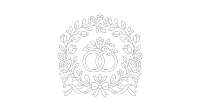 Elegant Wedding Rings Embraced by Floral Wreath Illustration.