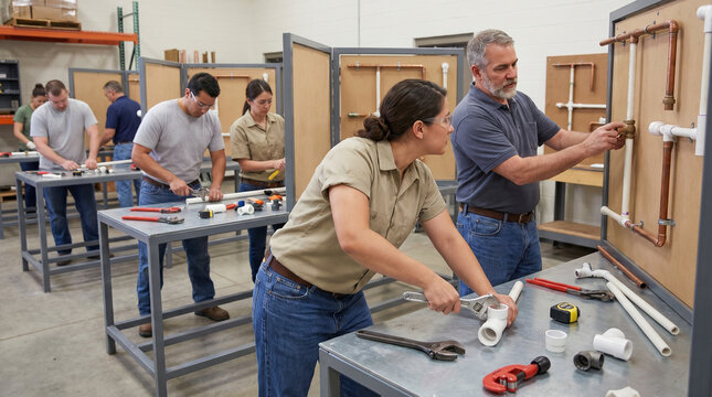 Adults learning basic plumbing skills in vocational training
