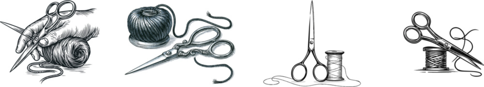 A detailed black-and-white illustration of vintage tailoring scissors resting atop a spool of woolen yarn, rendered in high-contrast detailing with elegant craft business motifs and clean sharp lines