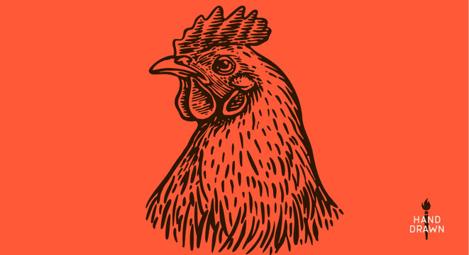 Chicken, hen head. Vintage retro print, chicken sketch ink pencil style drawing, engrave old school. Sketch artwork silhouette head chicken, white background. Side view profile. Vector Illustration