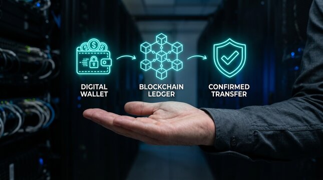 Hand holding digital blockchain technology concept in server room