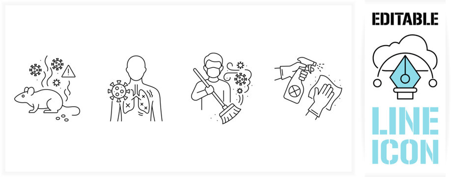 Editable line icon set in a black simple and clean vector outline stroke representing mouse excrement danger, hantavirus transmission from rodents and prevention methods like cleaning and disinfecting