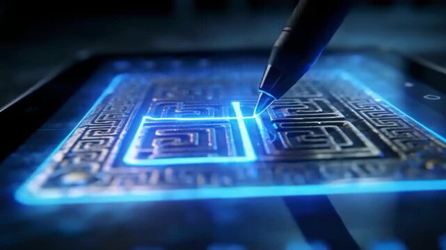 Touching active stylus tip tracing blue neon line into engraved maze on tablet, lighting path