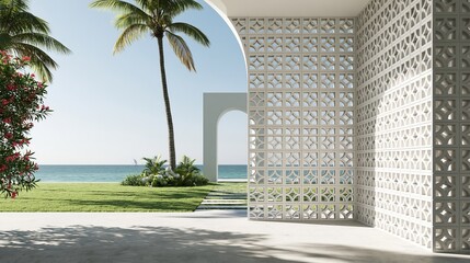 Fototapeta premium Concrete floor terrace and white ventilation block wall in luxury hotel or beach house. 3d rendering of arch gate near green grass lawn with sea view.