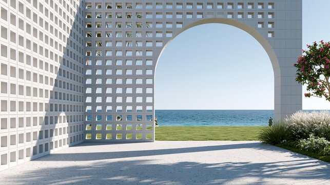 Concrete floor terrace and white ventilation block wall in luxury hotel or beach house. 3d rendering of arch gate near green grass lawn with sea view.