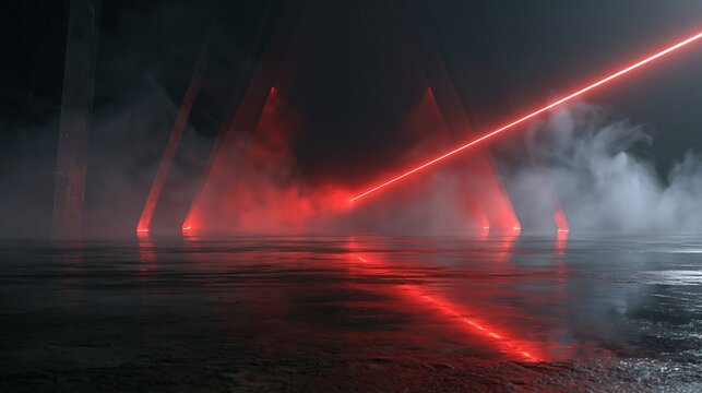 Smoke Futuristic Neon Lights Laser Red Glowing Modern Retro Sci Fi Elegant Spaceship Club Night Dark Garage Underground Grunge Concrete Reflections Abstract Beams 3D Rendering Illustration