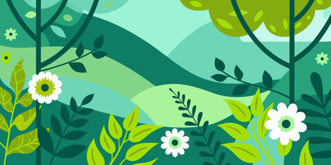 Green landscape illustration with stylized foliage and floral elements © Ruhidas