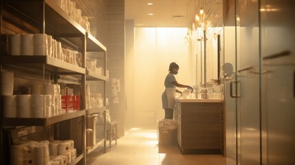 Fototapeta premium Professional cleaner in mask sanitizing bathroom sink with supplies nearby. Person wearing protective gear meticulously cleans commercial restroom, surrounded by stocked shelves of cleaning supplies