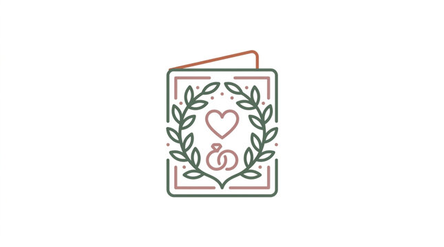 Elegant Wedding Invitation Card with Heart and Rings Iconography.