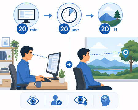 20 20 20 rule eye strain prevention illustration