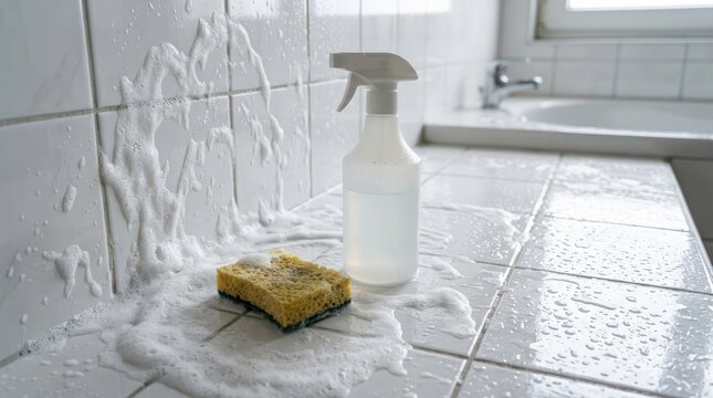 Sponge and spray bottle producing foam while cleaning white ceramic tile countertop in bathroom near sink and window
