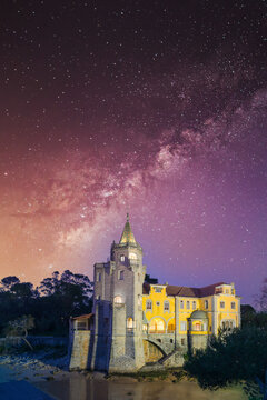 Milky Way over a castle in Cascais, Portugal. Condes de Castro Guimar&atilde;es Museum
