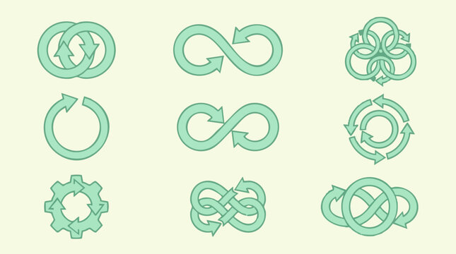Various green arrow loop and infinity symbols for continuous cycles and processes