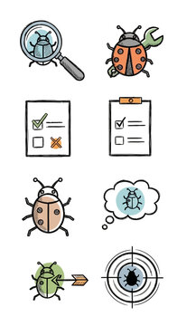 Bug inspection and repair with magnifying glass and related icons