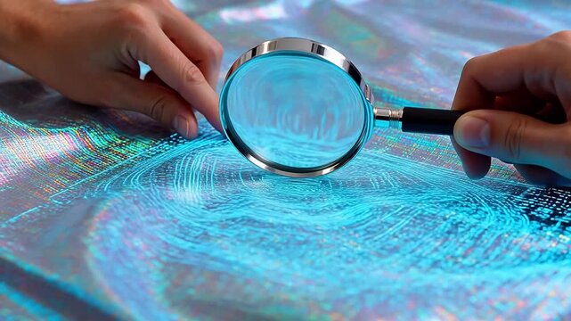 Hands examining circuit board with magnifying glass