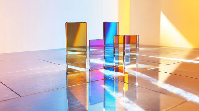 Colorful, iridescent rectangular prisms arranged on a reflective surface.