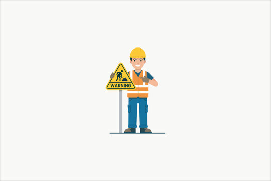 Construction worker in safety vest and hard hat pointing at a road under construction warning sign. Industrial safety and under repair concept vector isolated on white background. Vector illustration.