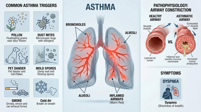 Asthma infographic showing airway constriction and lung triggers