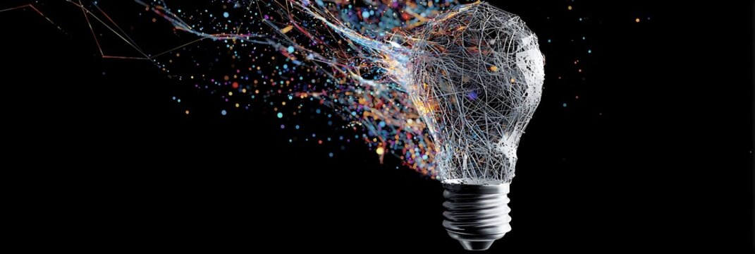 Light bulb wireframe exploding with vibrant colorful particles and digital data streams representing innovation and creative thinking on a dark minimalist canvas