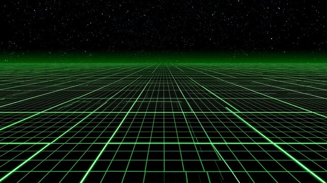 Green game retro grid floor stretching into dark space with scattered stars for cyberpunk and sci fi design. Neon perspective lines with starry sky. Digital technology background for gaming banner.