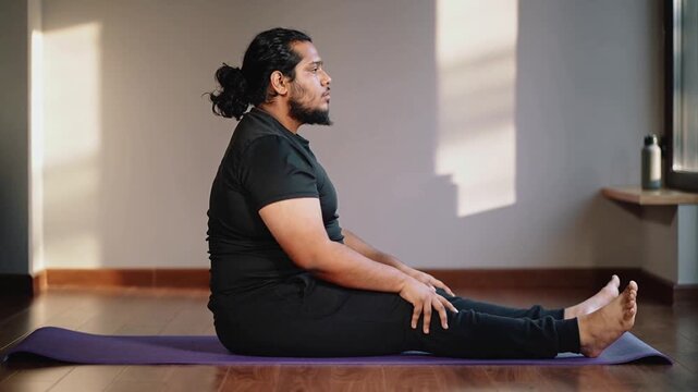 Stepping into lunge, man in black workoutwear moving seated on purple mat at home for mobility