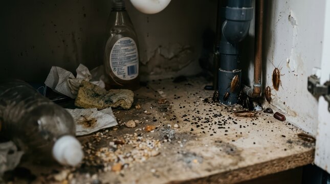 Cockroaches crawling among food crumbs and dirty pipes inside under sink kitchen cabinet showing pest infestation and unsanitary conditions