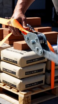 Worker securing pallet of cement bags with ratchet strap.