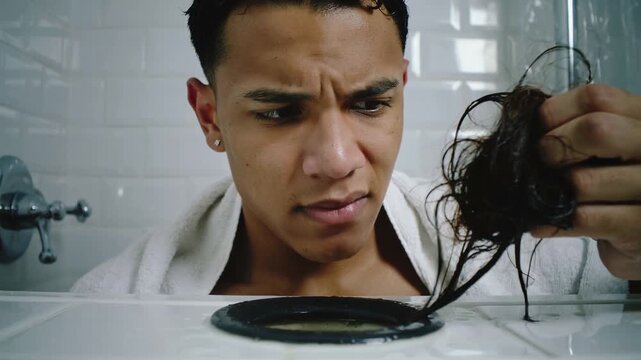 Noticing slow drain, man wrapped in white towel peering into bathroom sink, pulling hairball
