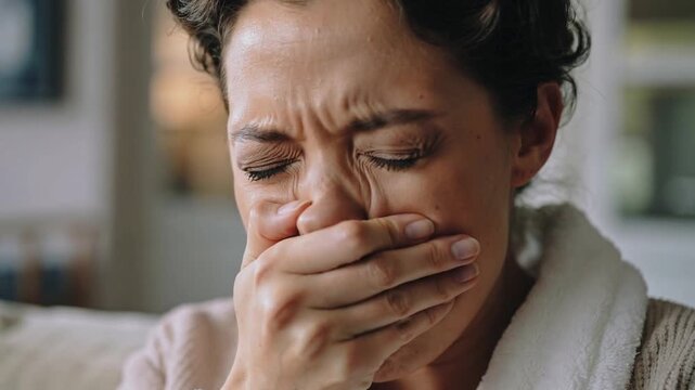 Yawning woman in white fleece bathrobe covering mouth on sofa, showing ring and tiredness