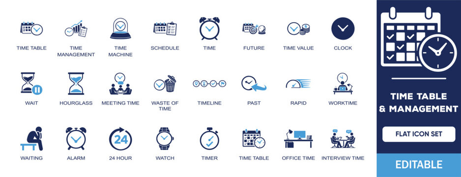 Time Table & Management editable solid icon set. Containing time machine, schedule, future, clock, hourglass, alarm, timeline and more illustration vector icons collection.