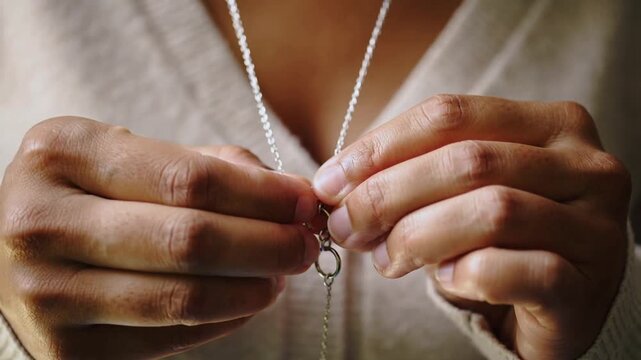 Adjusting woman's hands responding to chain slipping at bedroom, fastening clasp on knit top