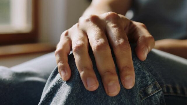 Placing adult hand making small finger adjustments to settle on denim knee near wooden window light