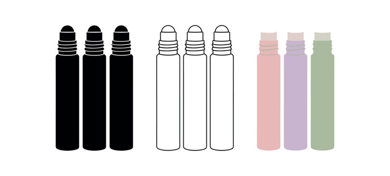 Roller bottle icon set. roll-on vial, perfume roller, essential oil applicator, travel bottle, cosmetic dispenser. line, flat and colored vector icon set.