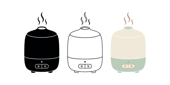 Aroma diffuser icon set. essential oil diffuser, humidifier, mist, ultrasonic, aromatherapy device. line, flat and colored vector icon set.