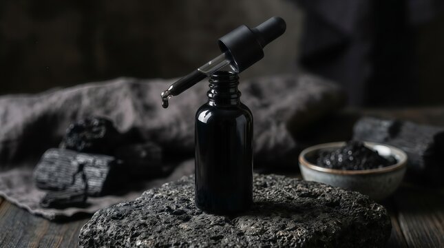 A black glass bottle with a dropper on a rock with a bowl of black seeds
