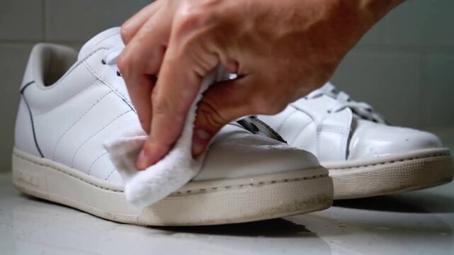 Bringing hands rubbing cloth over toe of pair of white leather sneakers in bathroom, polishing