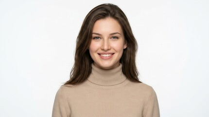 Fototapeta premium Portrait of a smiling young woman with long brown hair wearing a beige turtleneck sweater isolated on white background