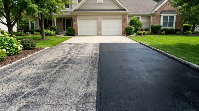 Suburban driveway showing half old cracked asphalt and half freshly sealed black asphalt leading to house garage