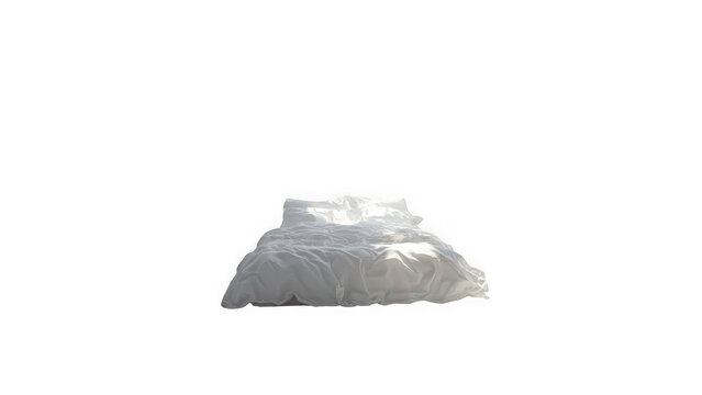 Unmade bed with rumpled white sheets and pillows on transparent background
