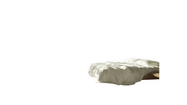 Messy rumpled bed with white sheets on transparent background