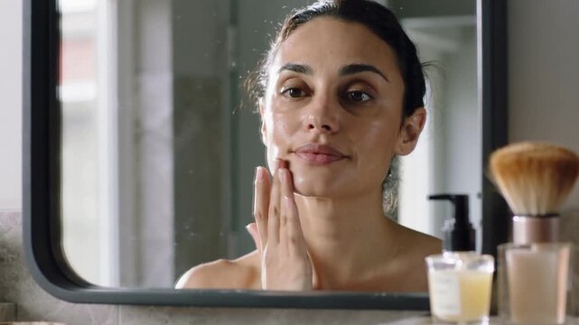 Pressing cream into hairline, woman in towel massaging cream over face at vanity mirror to hydrate