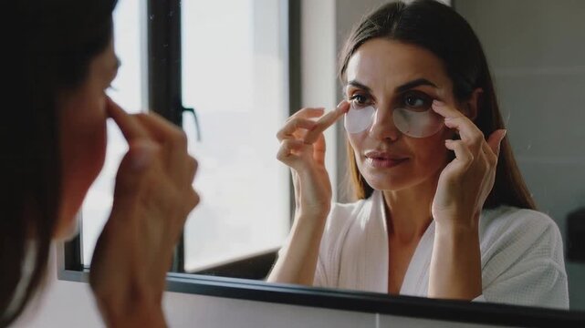Facing mirror woman placing hydrogel under-eye patches for skincare at bathroom, wearing white robe