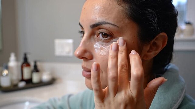 Smoothing woman in blue robe lifting hand pressing hydrogel under-eye patch at vanity for adhesion