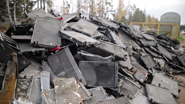 
Recycling of old cars. Automotive scrap. Recycling. Ecology and the environment. Scrap metal from old, destroyed cars. Metal recycling.