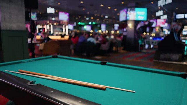 Highdefinition cinematic footage capturing moody billiards environment with neon accents and focused equipment