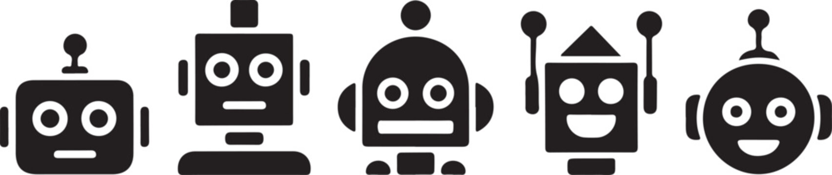 Sets of black robot smiling face icon. Futuristic cute help bots in minimalistic style.