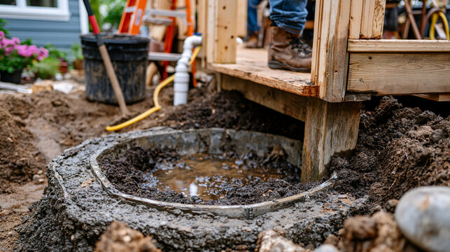 Basement egress window well surrounded by freshly poured concrete footer, framing crew erecting first wall section nearby, lower level renovation photographed at foundation stage in residential fini